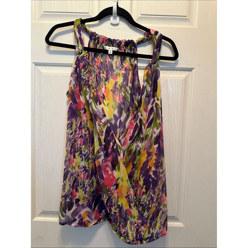 CAbi Multicolor Sleeveless Faux Wrap Floral Top in Purple Pink and Yellow M